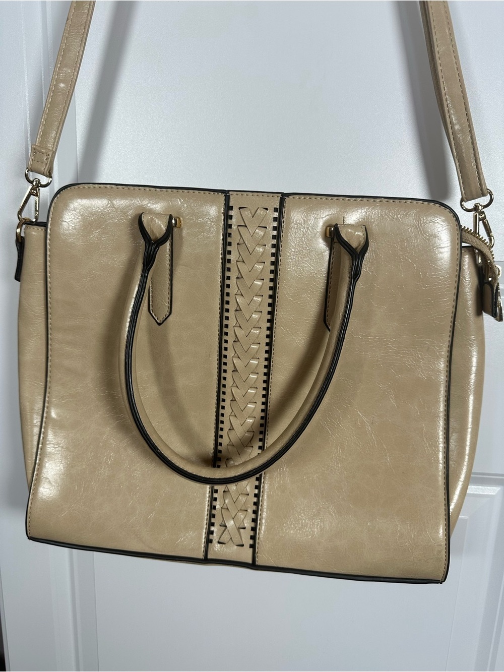 Neutral Beige Woven-Trim Satchel with Black Piping Faux Leather Braided Accent
